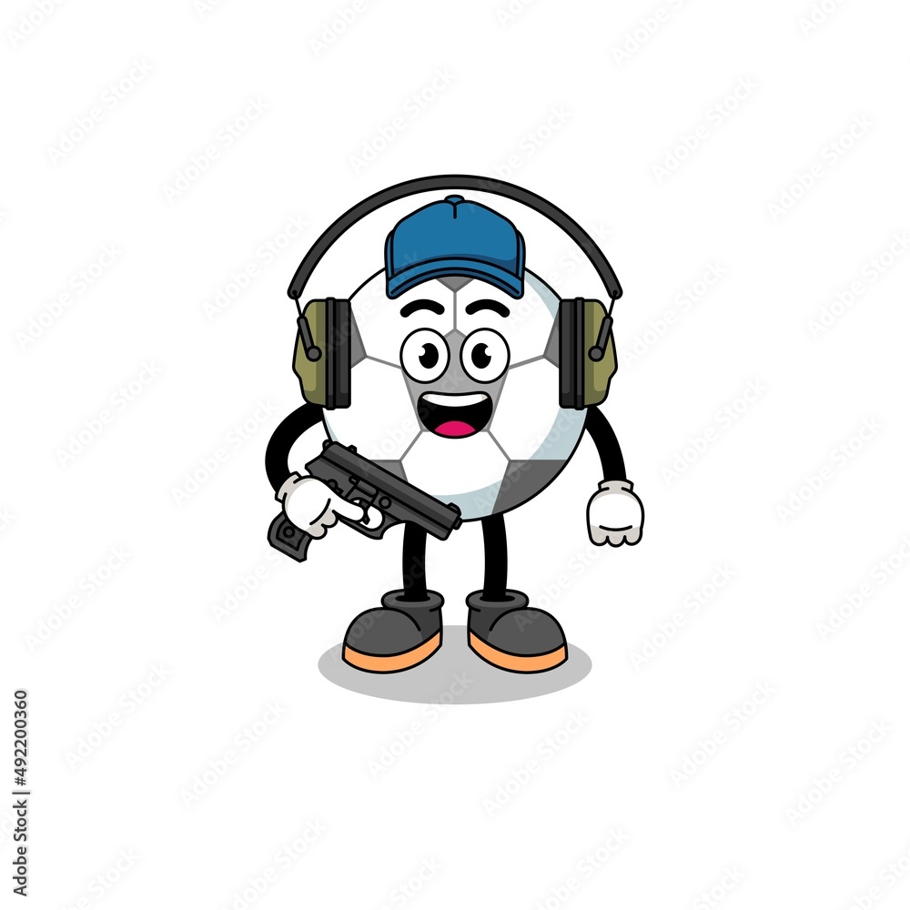 Character mascot of soccer ball doing shooting range