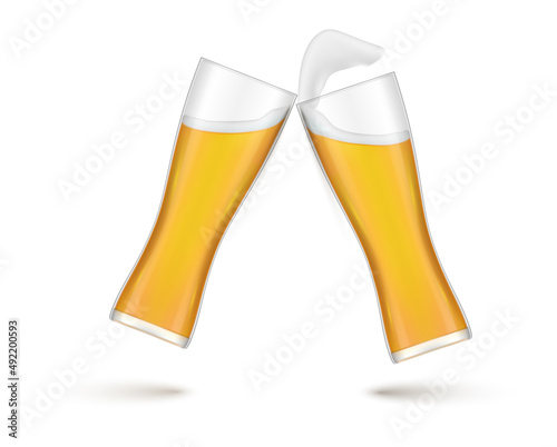 Clink glasses of beer with splashing foam realistic vector two brewery alcohol beverage cheers
