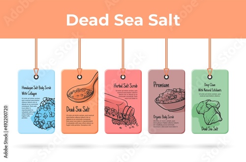 Dead sea salt promo realistic tag rope set engraved vector natural spa cosmetic beauty product