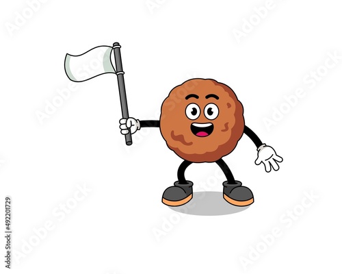 Cartoon Illustration of meatball holding a white flag
