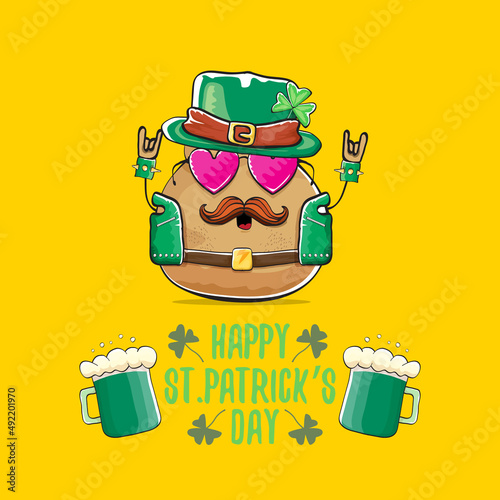 Happy saint patricks day greeting card with funky leprechaun rock star potato character with green particks hat and beer isolated on orange background. Rock n roll hipster vegetable funky character photo