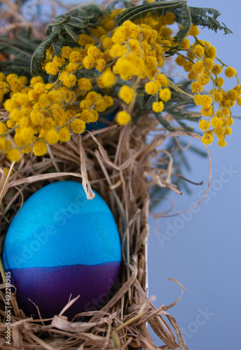 Easter eggs. Festive decoration. Easter. Celebration. Bright holiday. Eggs on a blue background. Multi-colored eggs on an orange background.