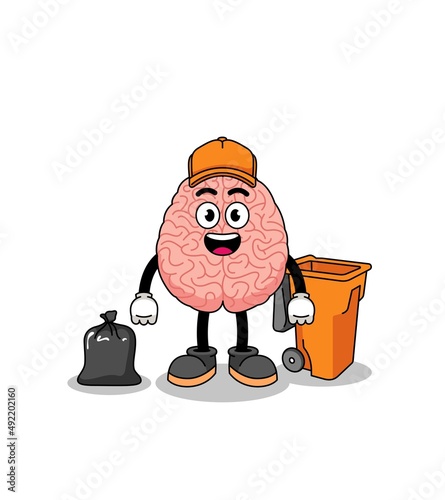 Illustration of brain cartoon as a garbage collector