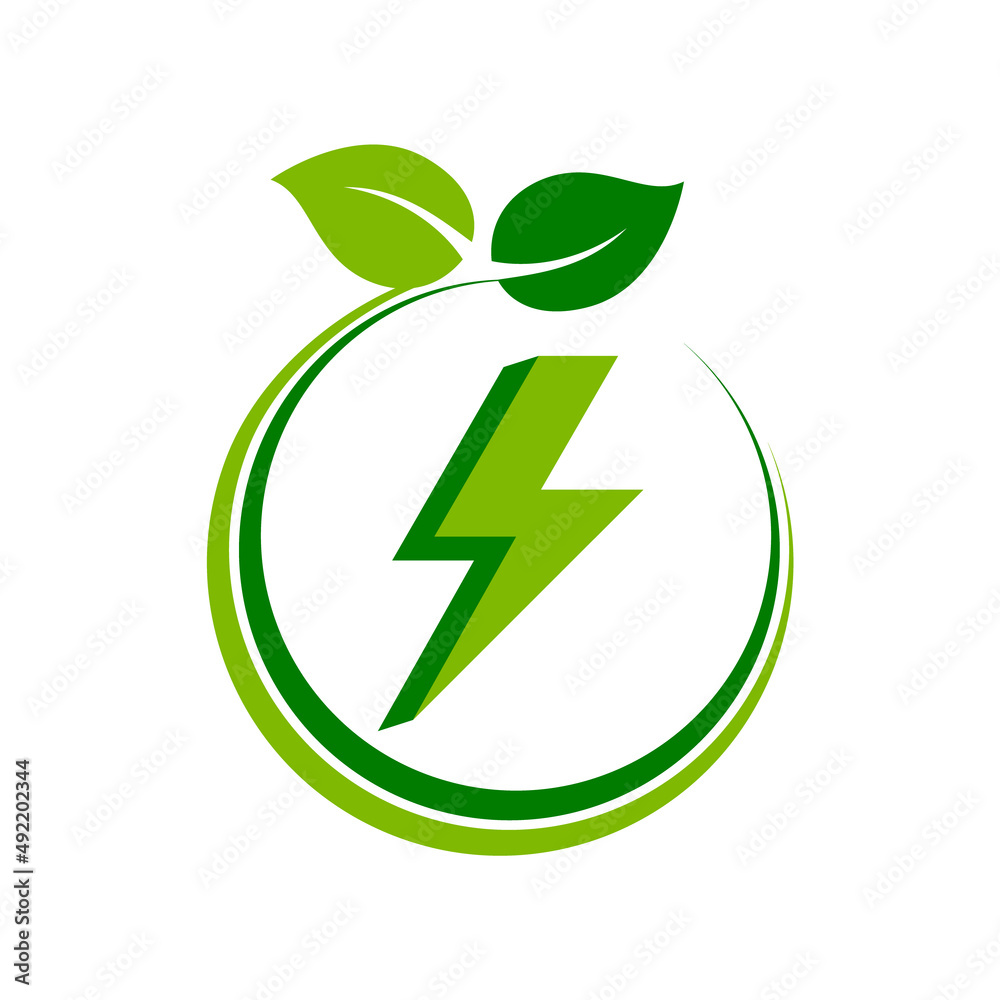 Green energy concept. Lightning bolt inside circle with leaves. Sustainable energy sources icon. Environmental friendly power generation. Clean energy symbol. Vector illustration, flat, clip art. Green energy concept. Lightning bolt inside circle with leaves. Sustainable energy sources icon. Environmental friendly power generation. Clean energy symbol. Vector illustration, flat, clip art.