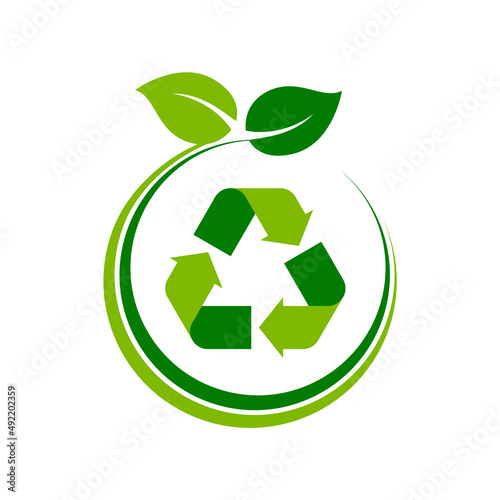 Recycle symbol inside circle with leaves. Zero waste concept. Sustainability idea. Green recycling sign. Reduce, reuse, recycle. Biodegradable, compostable icon. Vector illustration, flat, clip art.