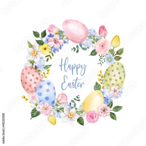 Fotografia, Obraz Watercolor Easter egg wreath illustration