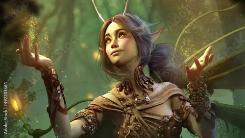 A cute smiling happy fairy girl with green skin creating yellow sparks in the middle of a dark night deep forest, she is sitting on grass, surrounded by a lot of fireflies. clean looped 2d animation