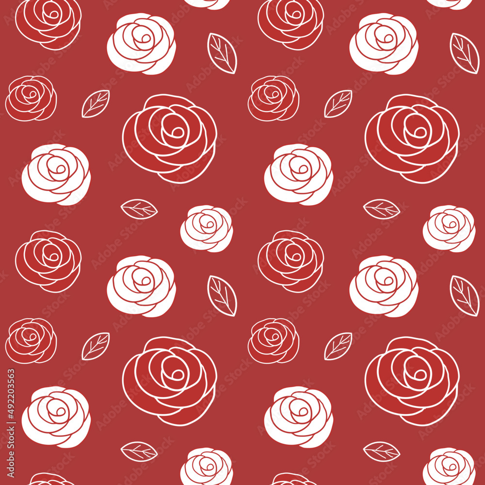 seamless pattern with white and red roses on red background in elegant style