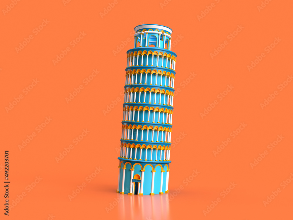 3d render Leaning Tower of Pisa colored on orange bright background