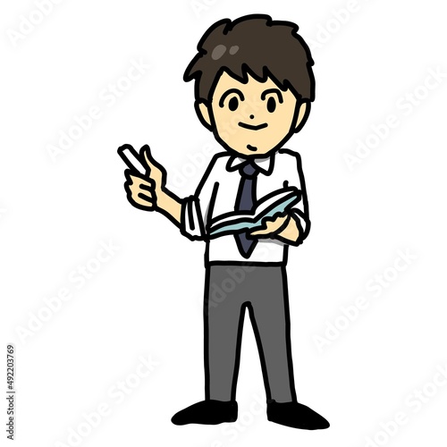 チョークと教科書を持って授業をする若手男性教師のイラスト