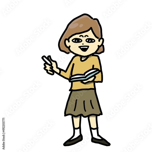 チョークと教科書を持って授業をする若手女性教師のイラスト
