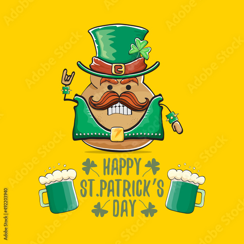 Happy saint patricks day greeting card with funky leprechaun rock star potato character with green particks hat and beer isolated on orange background. Rock n roll hipster vegetable funky character photo