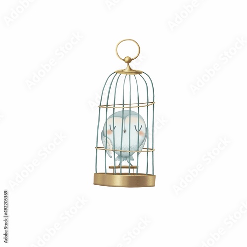 An owl in a bird cage. Cute cartoon style. Stock illustration. © marina draws