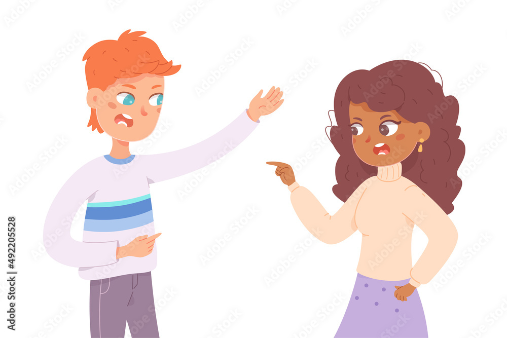 Angry couple of people quarreling, young married female and male characters pointing Angry couple of people quarreling, young married female and male characters pointing