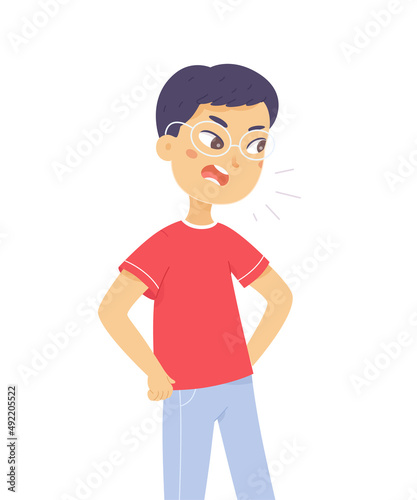 Angry man scolding vector illustration. Cartoon young male character warning in quarrel, portrait of upset person with negative expression and anger isolated on white.