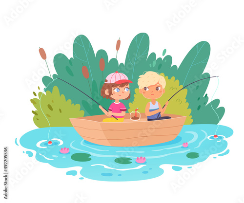 Kids sitting in vessel boat and fishing in lake with reeds, cute scene with two fisherman