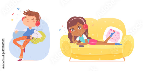 Kids listen music with headphones set, girl lying on couch, boy sitting in armchair