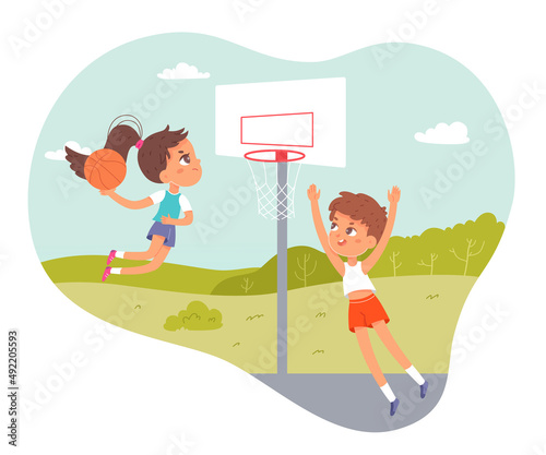 Sport summer camp, children play basketball fun game, jump high to throw ball into basket
