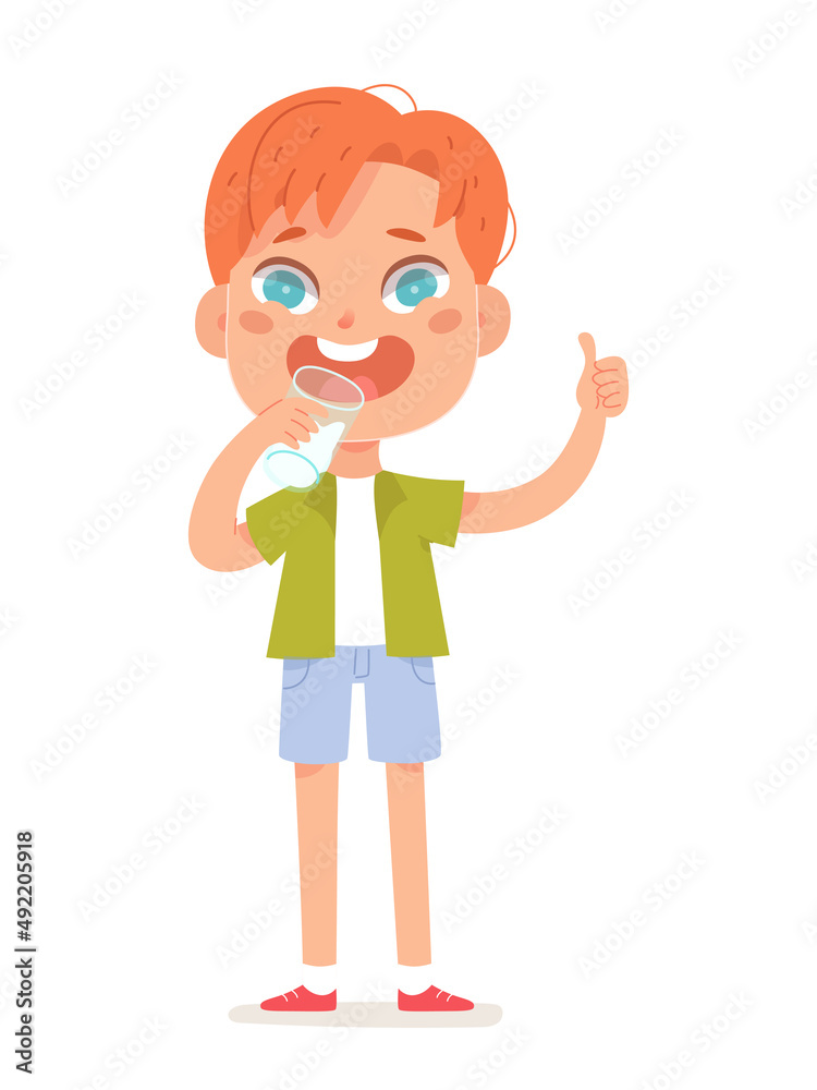 Happy kid drinking milk for body strength and growth, cute little boy holding glass Happy kid drinking milk for body strength and growth, cute little boy holding glass