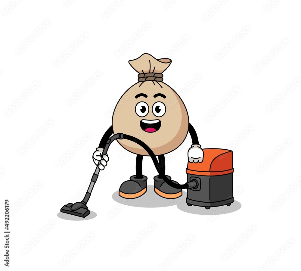 Character mascot of money sack holding vacuum cleaner
