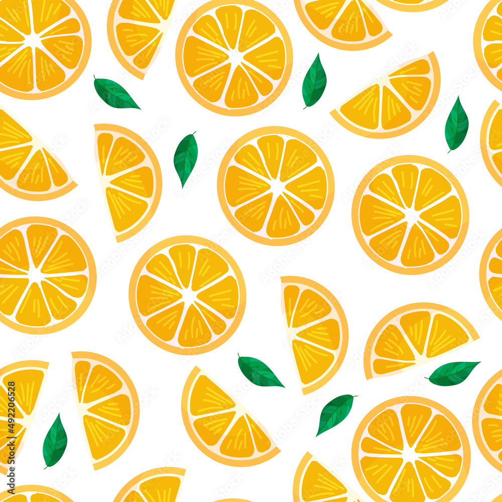 Summer pattern of refreshing citrus fruits. Orange print. Tropical fruits. Summer sweets. Vector illustration
