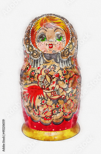 Digital watercolor painting of traditional russian wooden doll matreshka photo