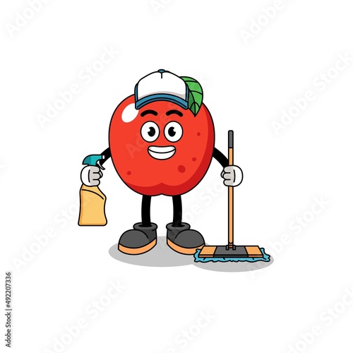Character mascot of apple as a cleaning services