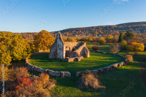 Aerial view about Ecseri Church ruins at Révfülöp. Hungarian name is Ecséri templomrom. Autumn landscape. photo