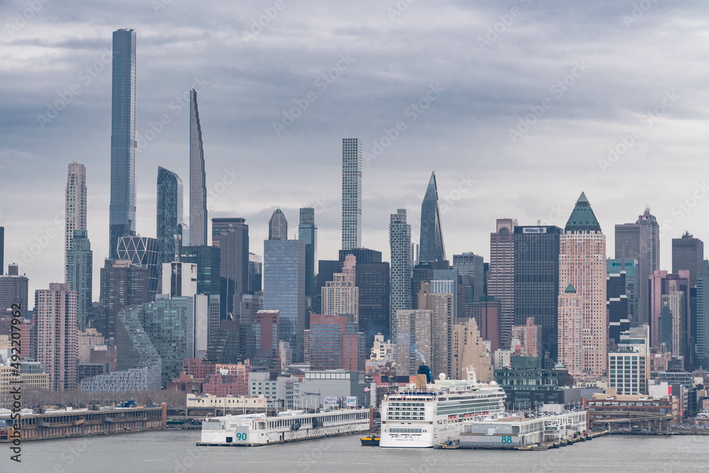 Manhattan skyline overcast sky, cityscape perspective, travel tourist destination.