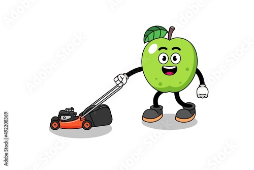 green apple illustration cartoon holding lawn mower