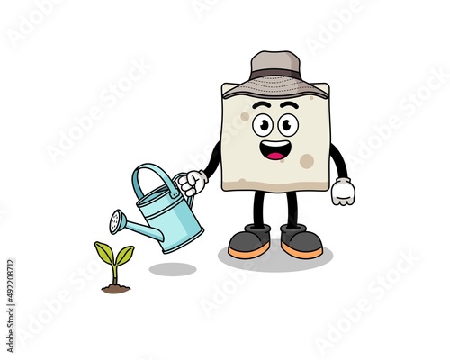 Illustration of tofu cartoon watering the plant