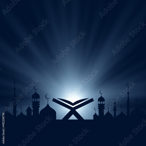 Night background. Ramadan Kareem holiday celebration beautiful greeting card background vector illustration. Islamic celebration design. Eid Mubarak vector illustration. Night cityscape background