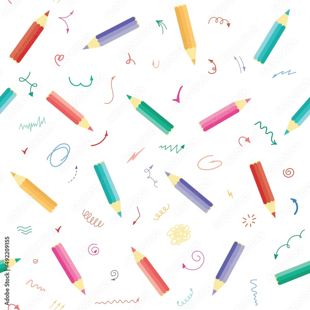 Seamless bright pattern of school supplies on a white background. Back to school. Vector illustration Seamless bright pattern of school supplies on a white background. Back to school. Vector illustration