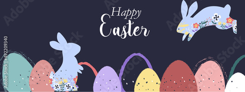 Happy Easter banner. Trendy Easter design with typography, hand painted ggs, bunny ears, in pastel colors