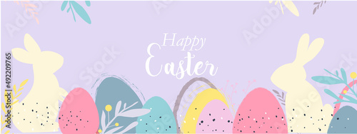 Happy Easter banner. Trendy Easter design with typography, hand painted ggs, bunny ears, in pastel colors