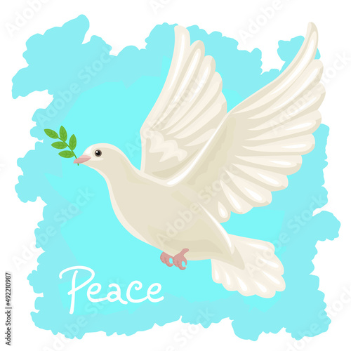 White dove with olive branch in blue sky. Vector cartoon illustration of flying pigeon. Peace bird.
