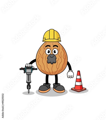 Character cartoon of almond working on road construction