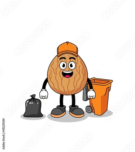 Illustration of almond cartoon as a garbage collector