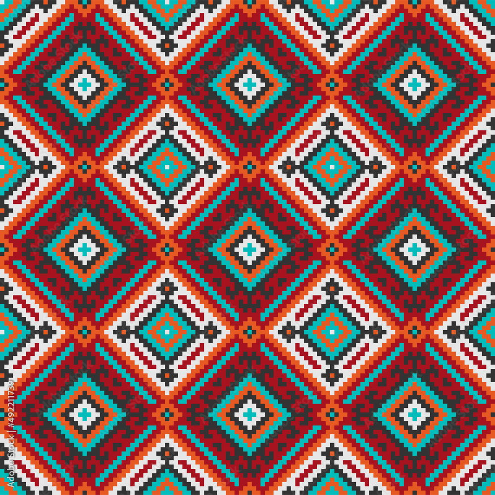 Ethnic geometric seamless pattern. American Indians style. Bright modern colors. Swatches included. 