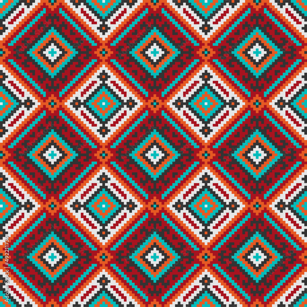 Ethnic geometric seamless pattern. American Indians style. Bright modern colors. Swatches included. Ethnic geometric seamless pattern. American Indians style. Bright modern colors. Swatches included.