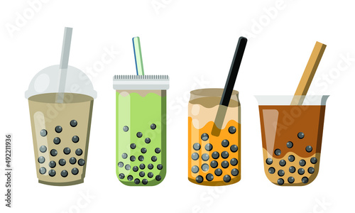 Bubble tea. Plastic cups with famous summer bubble asian tea, popular taiwanese pearl milk with balls, soft boba drinks with delicious tapioca sweet cold liquid dessert cartoon vector isolated set