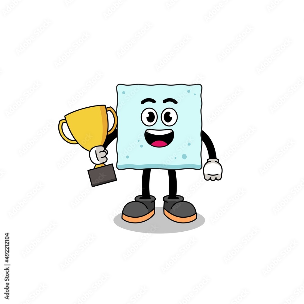 Cartoon mascot of sugar cube holding a trophy