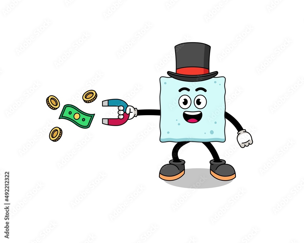 Character Illustration of sugar cube catching money with a magnet Character Illustration of sugar cube catching money with a magnet