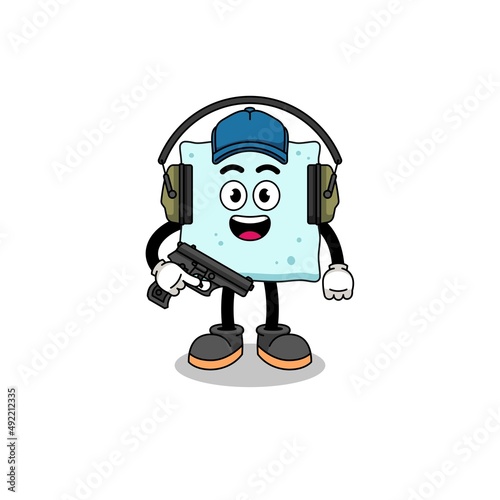 Character mascot of sugar cube doing shooting range