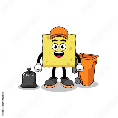 Illustration of sponge cartoon as a garbage collector