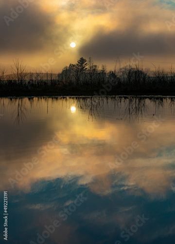 Danish evening sun - special fog and dramatic light, with bare trees in front, and background