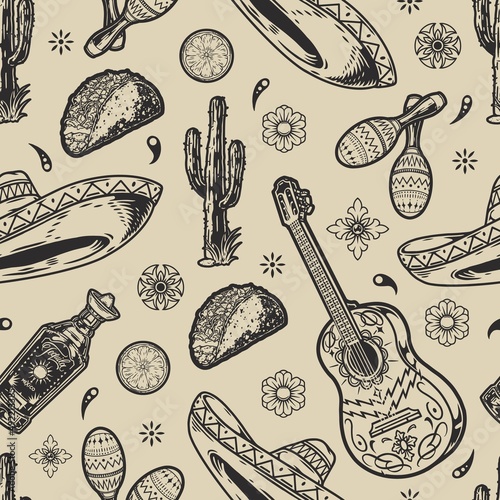 Monochrome Mexican seamless design with sombrero