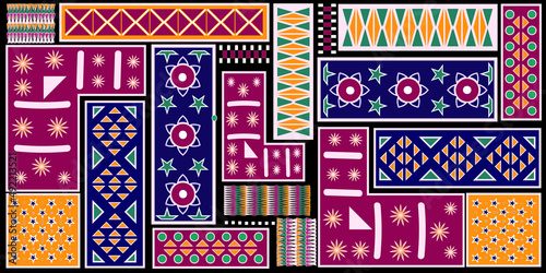 Ethnic carpet with geometric mosaic aztec style stripes on tile. majolica Antique interior,modern rugs,geographic print on kente clot textile.Tribal vector ornament seamless african pattern.multicolor