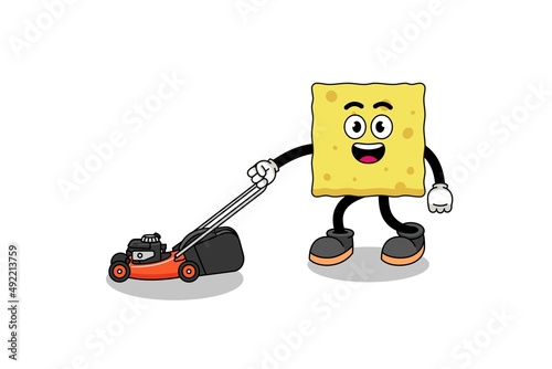 sponge illustration cartoon holding lawn mower