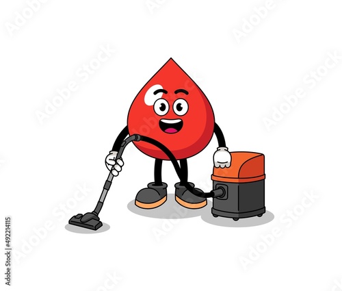 Character mascot of blood holding vacuum cleaner